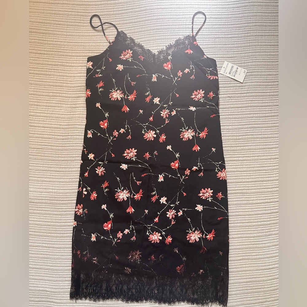 Chelsea28 Black and Pink Floral Mini Slip Dress / Black Lace